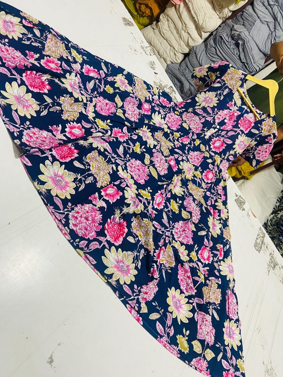 Blue Printed Cotton Midi Gown Dress